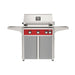 American Outdoor Grill 30" L-Series Portable Gas Grill with red accent and gray accent panel cart base, large analog thermometer and push-button electronic ignition with backlit comfort-touch control knobs.
