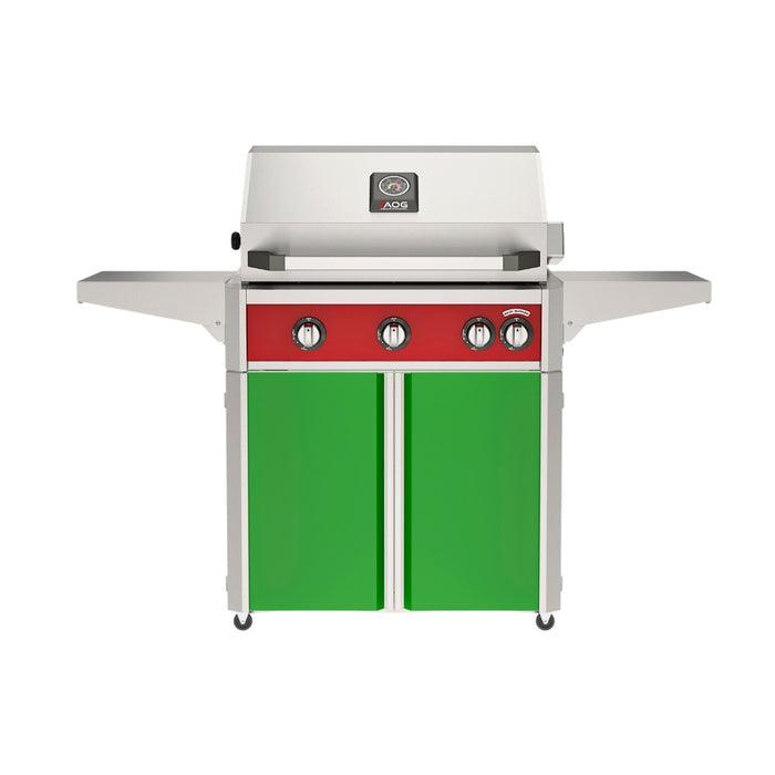 American Outdoor Grill 30" L-Series Portable Gas Grill with red accent and green accent panel cart base, large analog thermometer and push-button electronic ignition with backlit comfort-touch control knobs.
