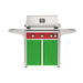 American Outdoor Grill 30" L-Series Portable Gas Grill with red accent and green accent panel cart base, large analog thermometer and push-button electronic ignition with backlit comfort-touch control knobs.
