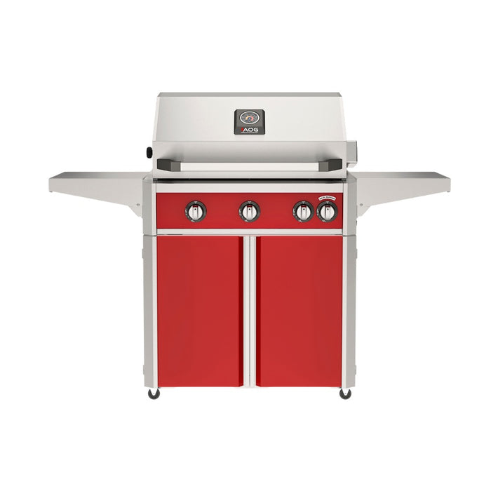American Outdoor Grill 30" L-Series Portable Gas Grill with red accent and red accent panel cart base, large analog thermometer and push-button electronic ignition with backlit comfort-touch control knobs.
