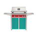 American Outdoor Grill 30" L-Series Portable Gas Grill with red accent panel and teal accent panel cart base, large analog thermometer and push-button electronic ignition with backlit comfort-touch control knobs.
