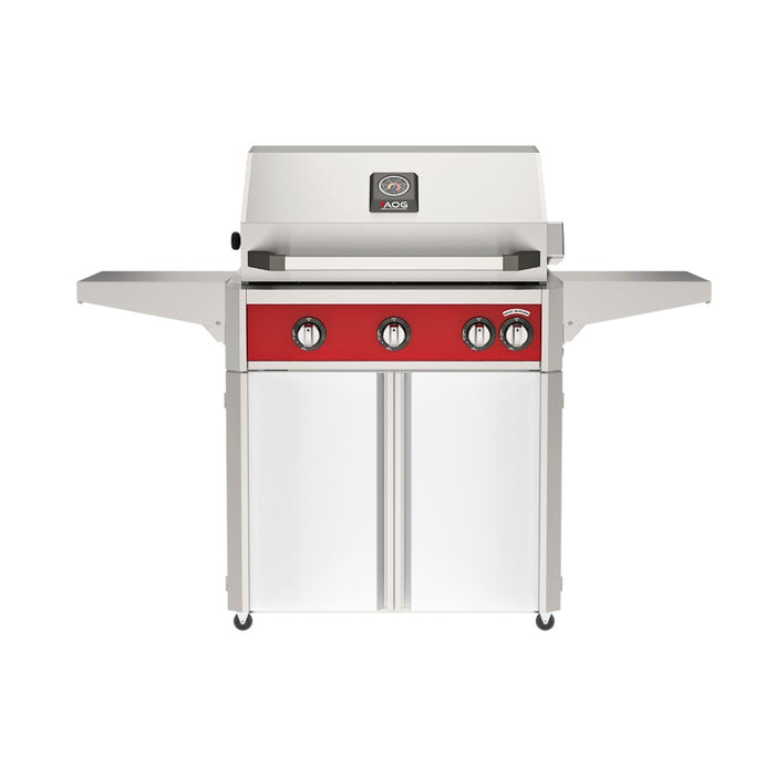 American Outdoor Grill 30" L-Series Portable Gas Grill with red accent and white accent panel cart base, large analog thermometer and push-button electronic ignition with backlit comfort-touch control knobs.

