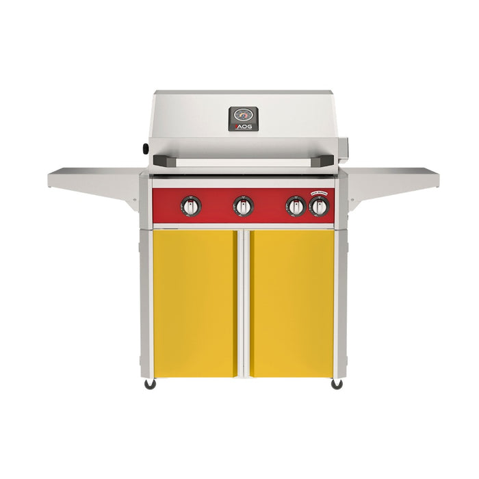 American Outdoor Grill 30" L-Series Portable Gas Grill with red accent and yellow accent panel cart base, large analog thermometer and push-button electronic ignition with backlit comfort-touch control knobs.
