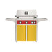 American Outdoor Grill 30" L-Series Portable Gas Grill with red accent and yellow accent panel cart base, large analog thermometer and push-button electronic ignition with backlit comfort-touch control knobs.

