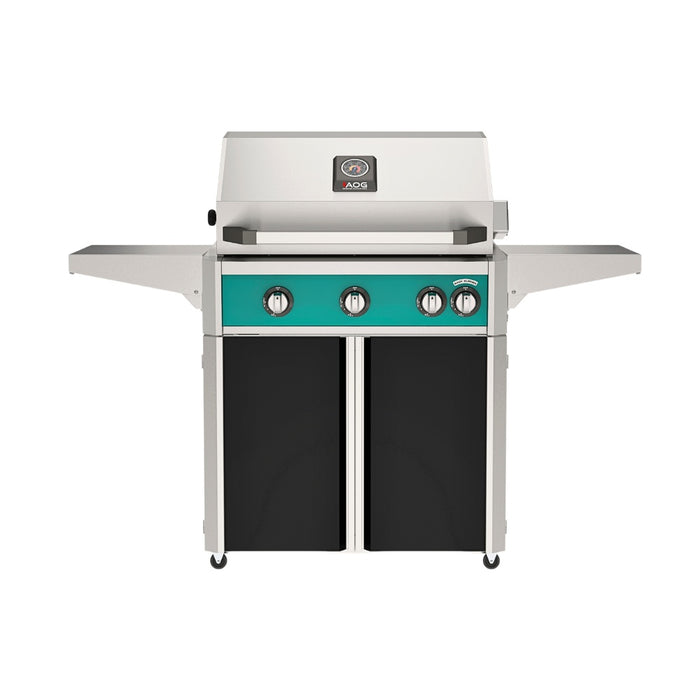 American Outdoor Grill 30" L-Series Portable Gas Grill with teal accent panel and black accent panel cart base, large analog thermometer and push-button electronic ignition with backlit comfort-touch control knobs.
