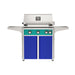 American Outdoor Grill 30" L-Series Portable Gas Grill with teal accent panel and blue accent panel cart base, large analog thermometer and push-button electronic ignition with backlit comfort-touch control knobs.
