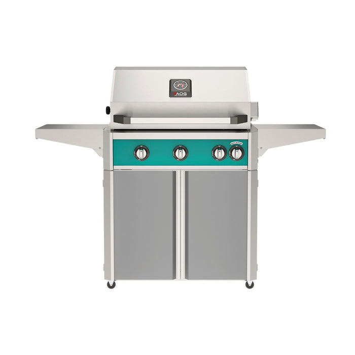 American Outdoor Grill 30" L-Series Portable Gas Grill with teal accent and gray accent panel cart base, large analog thermometer and push-button electronic ignition with backlit comfort-touch control knobs.
