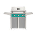 American Outdoor Grill 30" L-Series Portable Gas Grill with teal accent and gray accent panel cart base, large analog thermometer and push-button electronic ignition with backlit comfort-touch control knobs.
