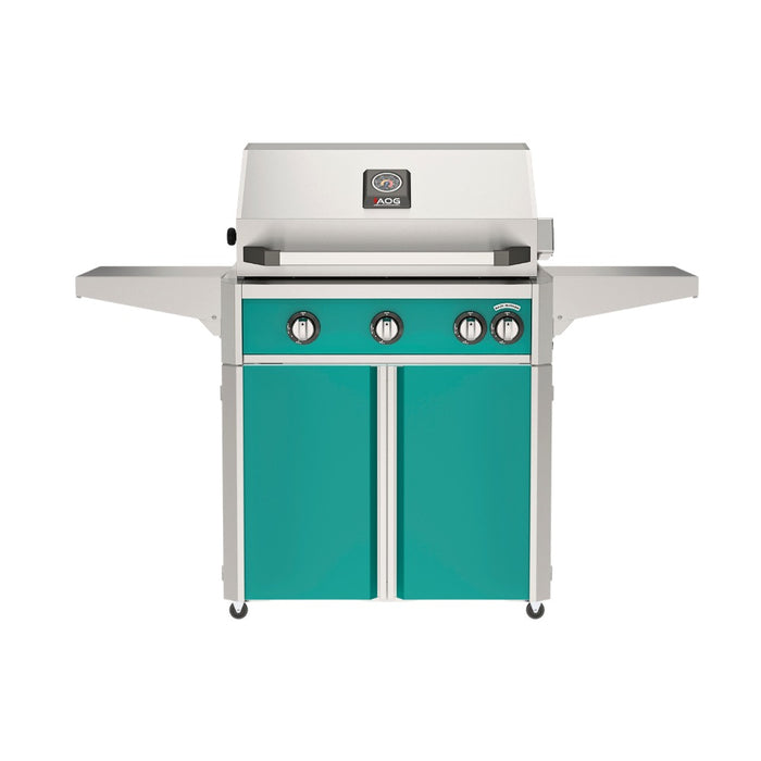 American Outdoor Grill 30" L-Series Portable Gas Grill with teal accent panel and teal accent panel cart base, large analog thermometer and push-button electronic ignition with backlit comfort-touch control knobs.
