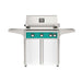 American Outdoor Grill 30" L-Series Portable Gas Grill with teal accent and white accent panel cart base, large analog thermometer and push-button electronic ignition with backlit comfort-touch control knobs.
