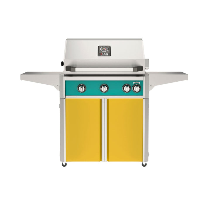 American Outdoor Grill 30" L-Series Portable Gas Grill with teal accent and yellow accent panel cart base, large analog thermometer and push-button electronic ignition with backlit comfort-touch control knobs.
