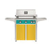 American Outdoor Grill 30" L-Series Portable Gas Grill with teal accent and yellow accent panel cart base, large analog thermometer and push-button electronic ignition with backlit comfort-touch control knobs.
