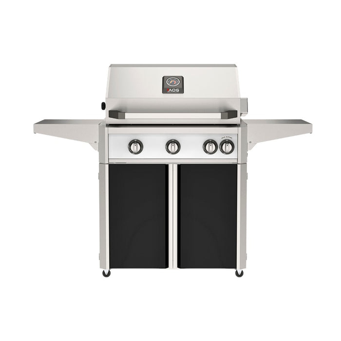 American Outdoor Grill 30" L-Series Portable Gas Grill with white accent panel and black accent panel cart base, large analog thermometer and push-button electronic ignition with backlit comfort-touch control knobs.
