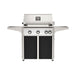 American Outdoor Grill 30" L-Series Portable Gas Grill with white accent panel and black accent panel cart base, large analog thermometer and push-button electronic ignition with backlit comfort-touch control knobs.

