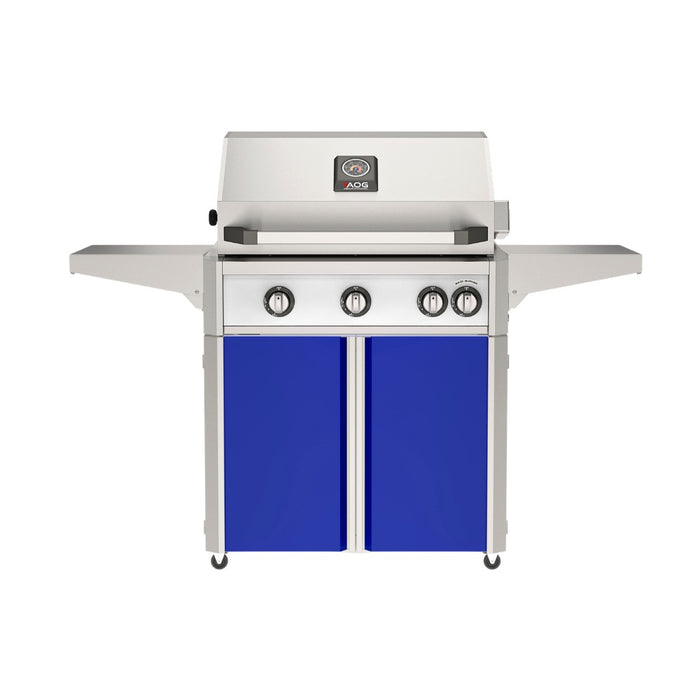 American Outdoor Grill 30" L-Series Portable Gas Grill with white accent panel and blue accent panel cart base, large analog thermometer and push-button electronic ignition with backlit comfort-touch control knobs.
