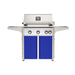 American Outdoor Grill 30" L-Series Portable Gas Grill with white accent panel and blue accent panel cart base, large analog thermometer and push-button electronic ignition with backlit comfort-touch control knobs.

