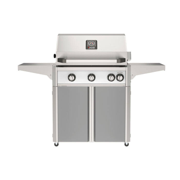 American Outdoor Grill 30" L-Series Portable Gas Grill with white accent and gray accent panel cart base, large analog thermometer and push-button electronic ignition with backlit comfort-touch control knobs.
