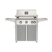 American Outdoor Grill 30" L-Series Portable Gas Grill with white accent and gray accent panel cart base, large analog thermometer and push-button electronic ignition with backlit comfort-touch control knobs.
