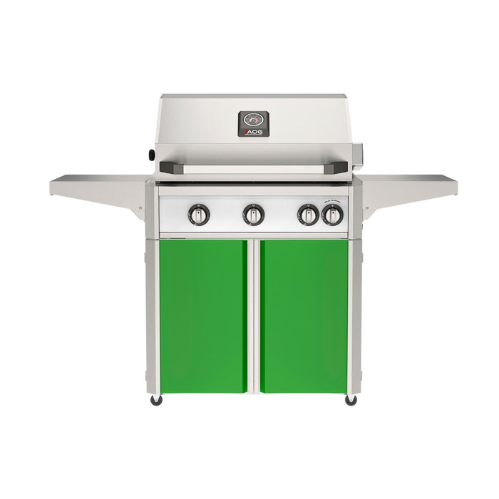 American Outdoor Grill 30" L-Series Portable Gas Grill with white accent and green accent panel cart base, large analog thermometer and push-button electronic ignition with backlit comfort-touch control knobs.
