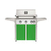 American Outdoor Grill 30" L-Series Portable Gas Grill with white accent and green accent panel cart base, large analog thermometer and push-button electronic ignition with backlit comfort-touch control knobs.
