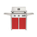 American Outdoor Grill 30" L-Series Portable Gas Grill with white accent and red accent panel cart base, large analog thermometer and push-button electronic ignition with backlit comfort-touch control knobs.
