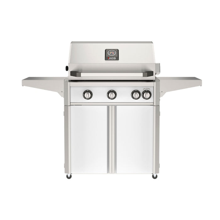 American Outdoor Grill 30" L-Series Portable Gas Grill with white accent and white accent panel cart base, large analog thermometer and push-button electronic ignition with backlit comfort-touch control knobs.
