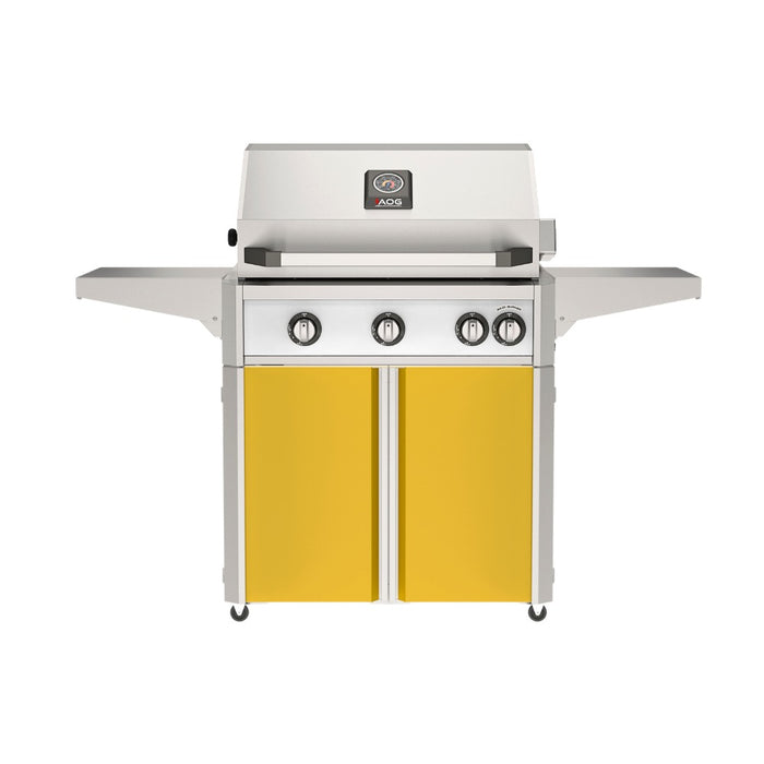 American Outdoor Grill 30" L-Series Portable Gas Grill with white accent and yellow accent panel cart base, large analog thermometer and push-button electronic ignition with backlit comfort-touch control knobs.
