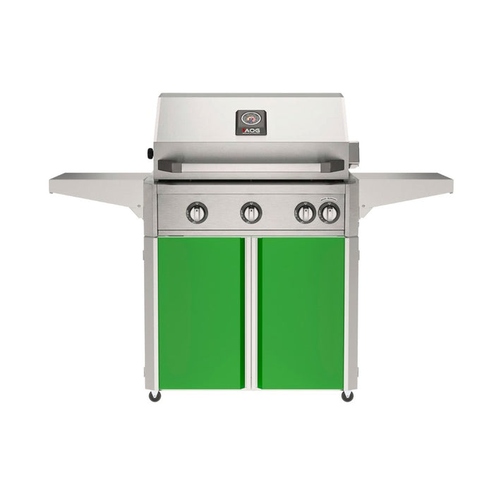 American Outdoor Grill 30" L-Series Portable Gas Grill with green cart accent panel.
