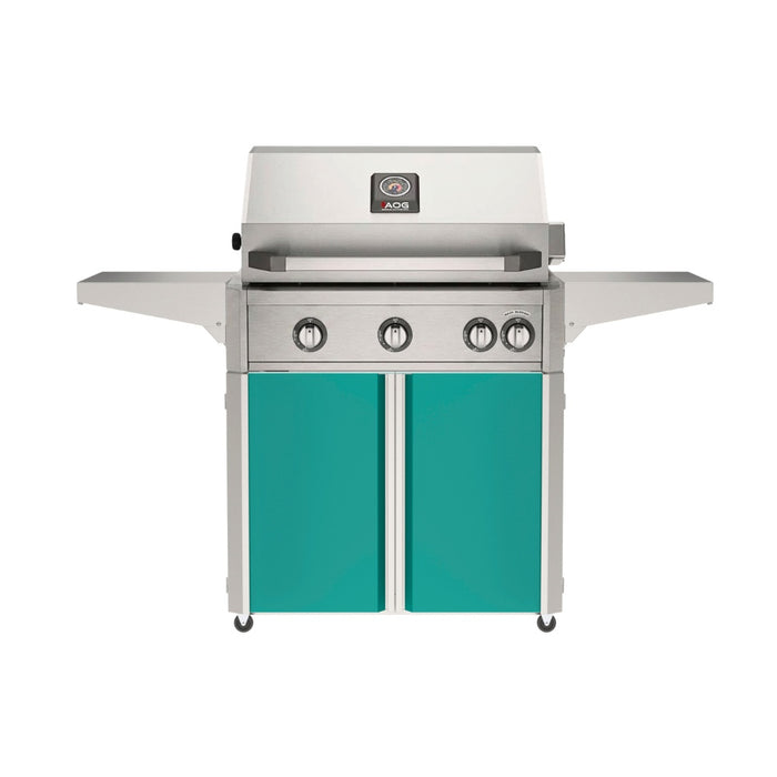 American Outdoor Grill 30" L-Series Portable Gas Grill with teal cart accent panel.
