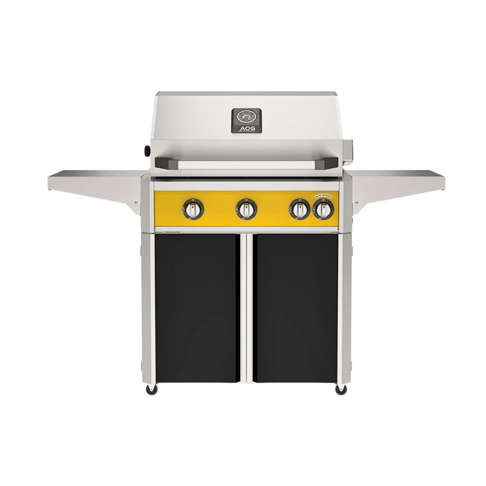 American Outdoor Grill 30" L-Series Portable Gas Grill with yellow accent panel and black accent panel cart base, large analog thermometer and push-button electronic ignition with backlit comfort-touch control knobs.
