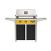 American Outdoor Grill 30" L-Series Portable Gas Grill with yellow accent panel and black accent panel cart base, large analog thermometer and push-button electronic ignition with backlit comfort-touch control knobs.
