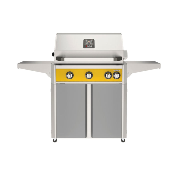 American Outdoor Grill 30" L-Series Portable Gas Grill with yellow accent and gray accent panel cart base, large analog thermometer and push-button electronic ignition with backlit comfort-touch control knobs.
