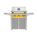 American Outdoor Grill 30" L-Series Portable Gas Grill with yellow accent and gray accent panel cart base, large analog thermometer and push-button electronic ignition with backlit comfort-touch control knobs.
