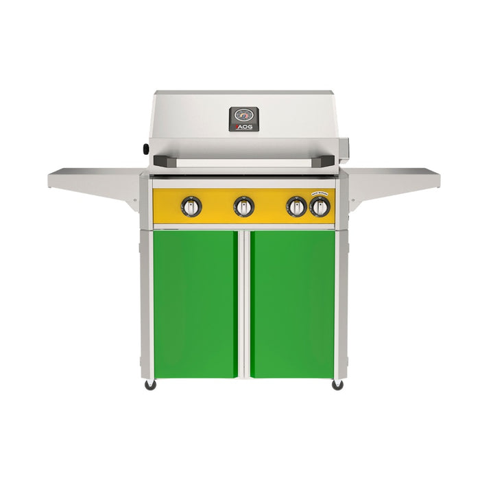 American Outdoor Grill 30" L-Series Portable Gas Grill with yellow accent and green accent panel cart base, large analog thermometer and push-button electronic ignition with backlit comfort-touch control knobs.
