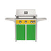 American Outdoor Grill 30" L-Series Portable Gas Grill with yellow accent and green accent panel cart base, large analog thermometer and push-button electronic ignition with backlit comfort-touch control knobs.
