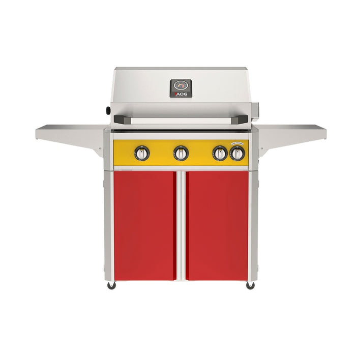 American Outdoor Grill 30" L-Series Portable Gas Grill with yellow accent and red accent panel cart base, large analog thermometer and push-button electronic ignition with backlit comfort-touch control knobs.
