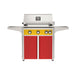 American Outdoor Grill 30" L-Series Portable Gas Grill with yellow accent and red accent panel cart base, large analog thermometer and push-button electronic ignition with backlit comfort-touch control knobs.
