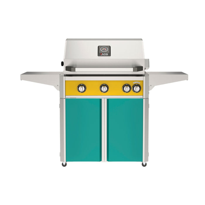 American Outdoor Grill 30" L-Series Portable Gas Grill with yellow accent panel and teal accent panel cart base, large analog thermometer and push-button electronic ignition with backlit comfort-touch control knobs.
