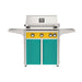 American Outdoor Grill 30" L-Series Portable Gas Grill with yellow accent panel and teal accent panel cart base, large analog thermometer and push-button electronic ignition with backlit comfort-touch control knobs.
