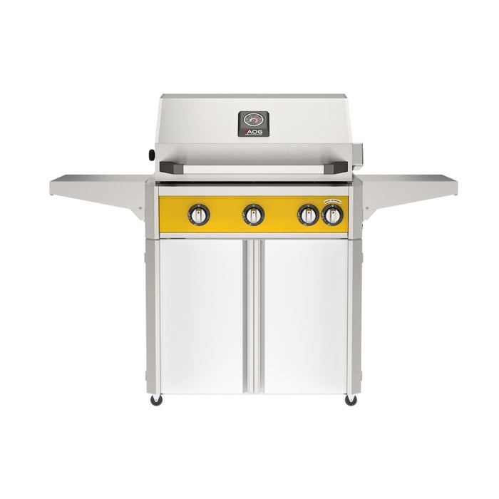 American Outdoor Grill 30" L-Series Portable Gas Grill with yellow accent and white accent panel cart base, large analog thermometer and push-button electronic ignition with backlit comfort-touch control knobs.