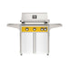 American Outdoor Grill 30" L-Series Portable Gas Grill with yellow accent and white accent panel cart base, large analog thermometer and push-button electronic ignition with backlit comfort-touch control knobs.