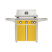 American Outdoor Grill 30" L-Series Portable Gas Grill with yellow accent and yellow accent panel cart base, large analog thermometer and push-button electronic ignition with backlit comfort-touch control knobs.
