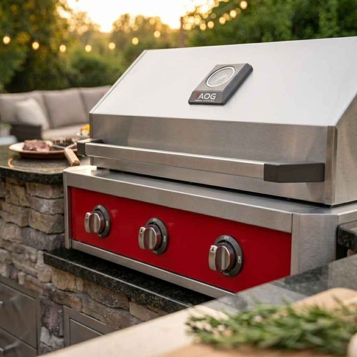 Close-up photo of American Outdoor Grill 30" T-Series Built-In Gas Grill (AOG30TN) with red accent panel.