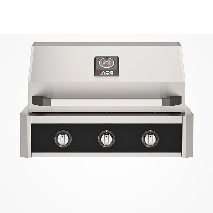 American Outdoor Grill 30" T-Series Built-in Gas Grill (black)— stainless steel grill head with diamond sear cooking grids and backlit comfort-touch control knobs.