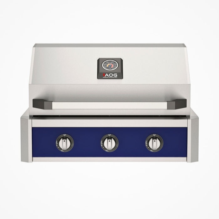 American Outdoor Grill 30" T-Series Built-in Gas Grill (blue) — stainless steel grill head with diamond sear cooking grids and backlit comfort-touch control knobs.