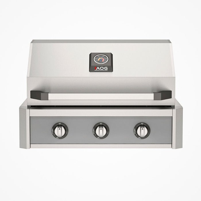 American Outdoor Grill 30" T-Series Built-in Gas Grill (gray)— stainless steel grill head with diamond sear cooking grids and backlit comfort-touch control knobs.