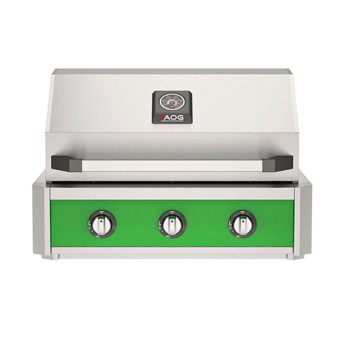 American Outdoor Grill 30" T-Series Built-in Gas Grill (green) — stainless steel grill head with diamond sear cooking grids and backlit comfort-touch control knobs.