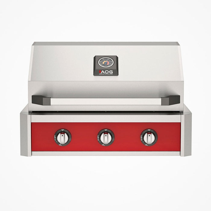 American Outdoor Grill 30" T-Series Built-in Gas Grill (red) — stainless steel grill head with diamond sear cooking grids and backlit comfort-touch control knobs.