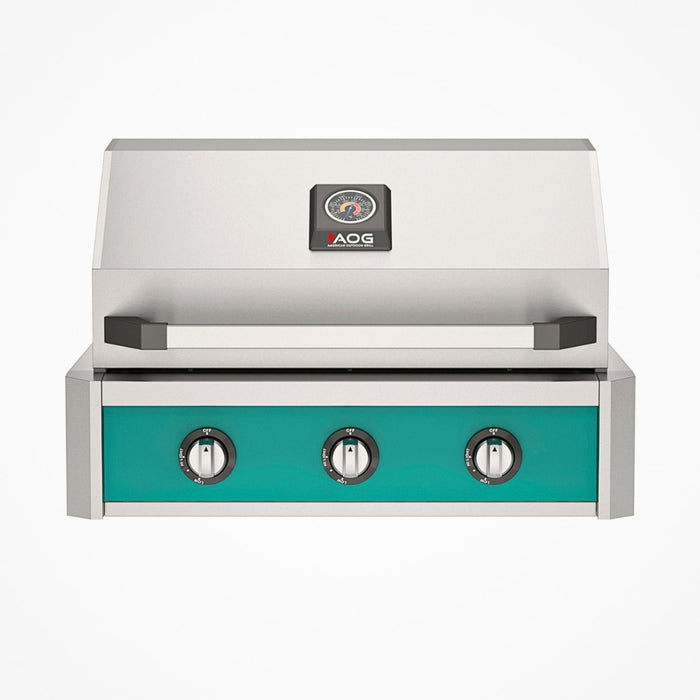 American Outdoor Grill 30" T-Series Built-in Gas Grill (teal)— stainless steel grill head with diamond sear cooking grids and backlit comfort-touch control knobs.