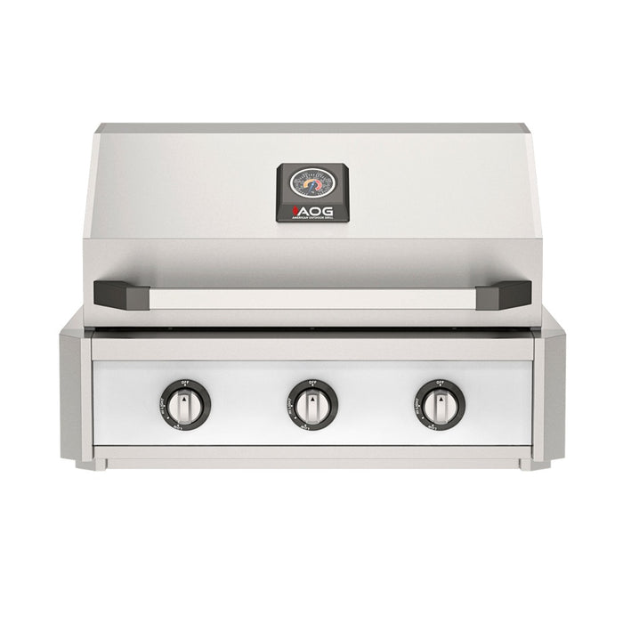 American Outdoor Grill 30" T-Series Built-in Gas Grill (white)— stainless steel grill head with diamond sear cooking grids and backlit comfort-touch control knobs.